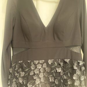 Black Long Sleeved Xscape Floral Appliqué Gown